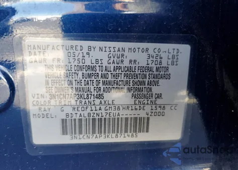 2019 Nissan Versa S z USA, uszkodzony, nr VIN 3N1CN7AP3KL871485
